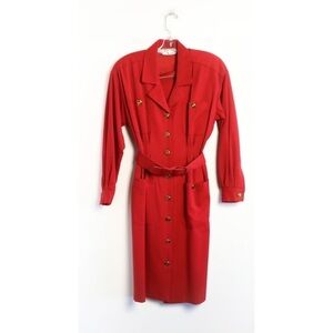 Rare Vintage Kenar red wool dress fitted classic 1980s petite XS belted retro 80